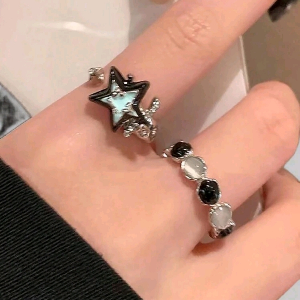Hot Topic Black and Silver Star Ring W/ A Black & White Round Ring 2 Rings